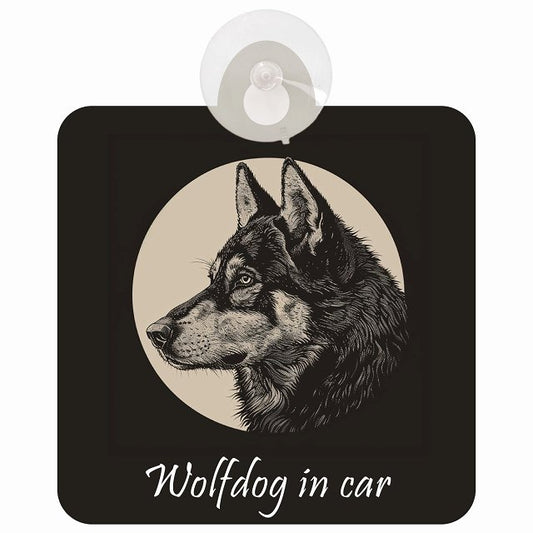 Wolfdog ウルフドッグ Aタイプ イラスト付 DOG IN CAR 車用吸盤付サイン 12.4x14.6cm