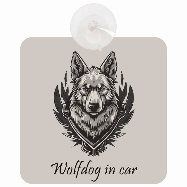 Wolfdog ウルフドッグ Bタイプ イラスト付 DOG IN CAR 車用吸盤付サイン 12.4x14.6cm