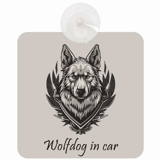 Wolfdog ウルフドッグ Bタイプ イラスト付 DOG IN CAR 車用吸盤付サイン 12.4x14.6cm