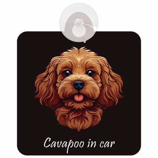 Cavapoo キャバプー Aタイプ イラスト付 DOG IN CAR 車用吸盤付サイン 12.4x14.6cm