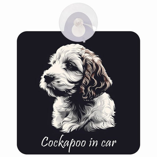 Cockapoo コッカプー Bタイプ イラスト付 DOG IN CAR 車用吸盤付サイン 12.4x14.6cm