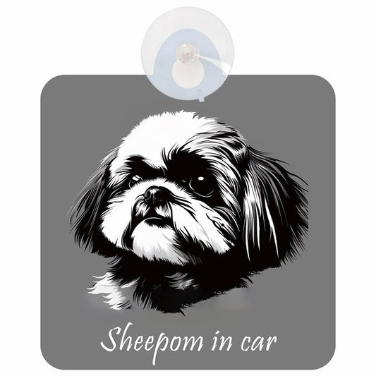 Sheepom シーポメ Bタイプ イラスト付 DOG IN CAR 車用吸盤付サイン 12.4x14.6cm