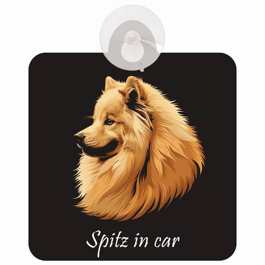 Spitz スピッツ Aタイプ イラスト付 DOG IN CAR 車用吸盤付サイン 12.4x14.6cm