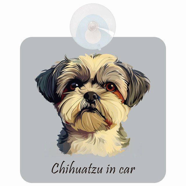 Chihuatzu チワズー Bタイプ イラスト付 DOG IN CAR 車用吸盤付サイン 12.4x14.6cm
