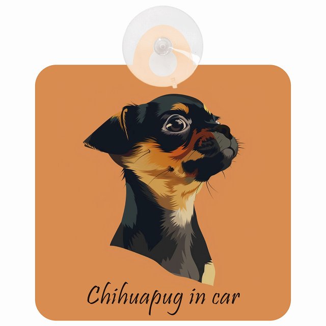 Chihuapug チワパグ Bタイプ イラスト付 DOG IN CAR 車用吸盤付サイン 12.4x14.6cm