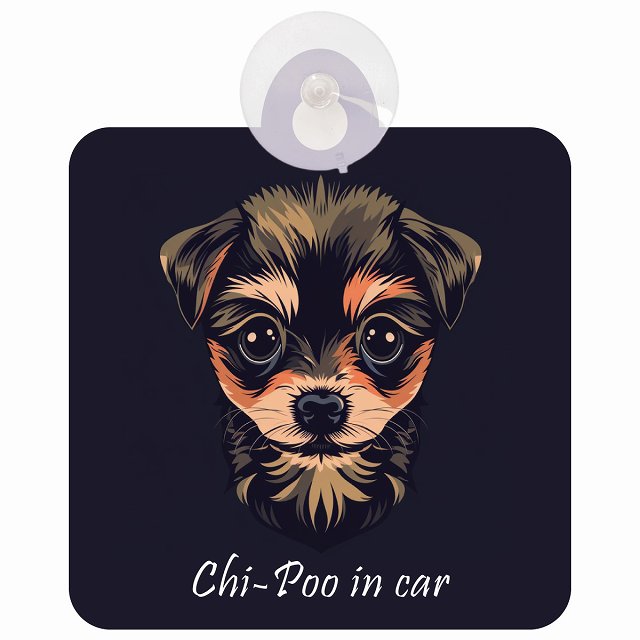 Chi-Poo チワプー Aタイプ イラスト付 DOG IN CAR 車用吸盤付サイン 12.4x14.6cm