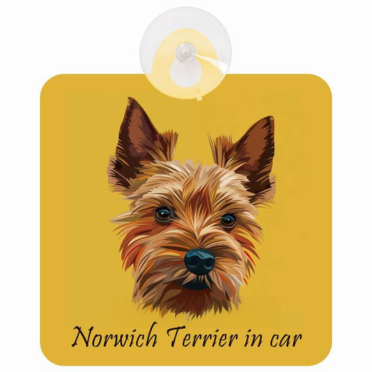 Norwich Terrier ノーリッチテリア Aタイプ イラスト付 DOG IN CAR 車用吸盤付サイン 12.4x14.6cm