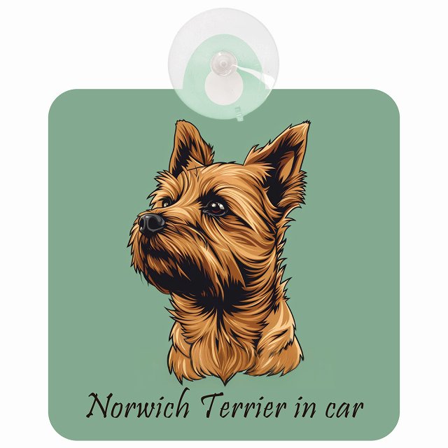 Norwich Terrier ノーリッチテリア Bタイプ イラスト付 DOG IN CAR 車用吸盤付サイン 12.4x14.6cm