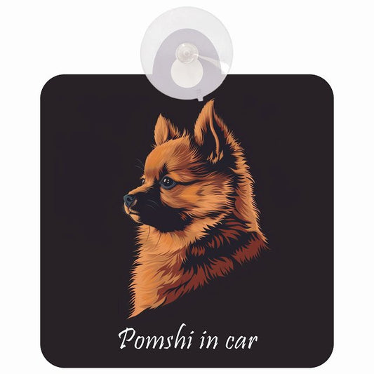 Pomshi ポメ柴 Aタイプ イラスト付 DOG IN CAR 車用吸盤付サイン 12.4x14.6cm