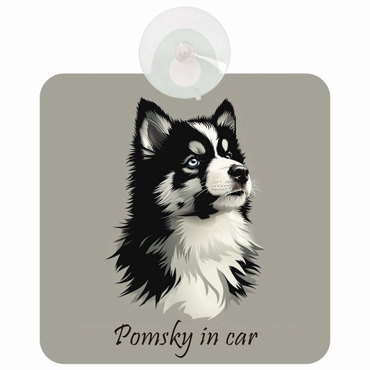 Pomsky ポンスキー Aタイプ イラスト付 DOG IN CAR 車用吸盤付サイン 12.4x14.6cm