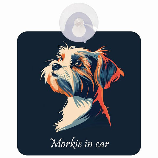 Morkie マルーキー Aタイプ イラスト付 DOG IN CAR 車用吸盤付サイン 12.4x14.6cm