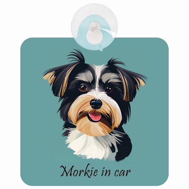 Morkie マルーキー Bタイプ イラスト付 DOG IN CAR 車用吸盤付サイン 12.4x14.6cm