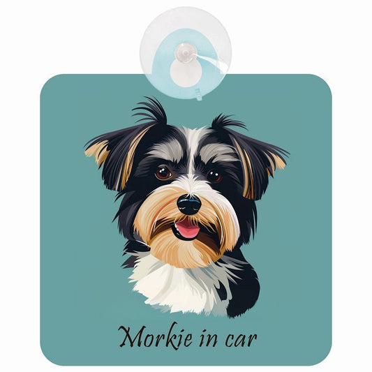 Morkie マルーキー Bタイプ イラスト付 DOG IN CAR 車用吸盤付サイン 12.4x14.6cm