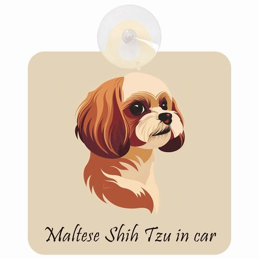 Maltese Shih Tzu マルシーズー Aタイプ イラスト付 DOG IN CAR 車用吸盤付サイン 12.4x14.6cm