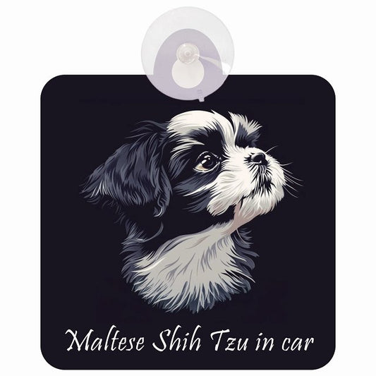 Maltese Shih Tzu マルシーズー Bタイプ イラスト付 DOG IN CAR 車用吸盤付サイン 12.4x14.6cm