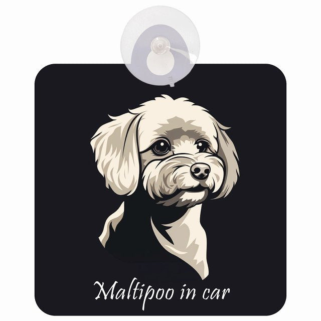 Maltipoo マルプー Bタイプ イラスト付 DOG IN CAR 車用吸盤付サイン 12.4x14.6cm