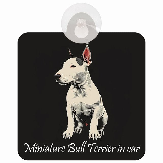 Miniature Bull Terrier ミニチュアブルテリア Aタイプ イラスト付 DOG IN CAR 車用吸盤付サイン 12.4x14.6cm