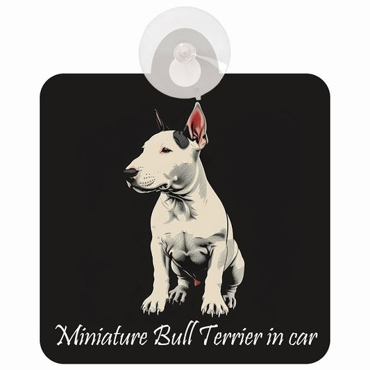 Miniature Bull Terrier ミニチュアブルテリア Aタイプ イラスト付 DOG IN CAR 車用吸盤付サイン 12.4x14.6cm