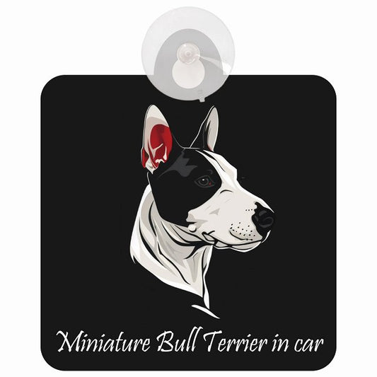 Miniature Bull Terrier ミニチュアブルテリア Bタイプ イラスト付 DOG IN CAR 車用吸盤付サイン 12.4x14.6cm
