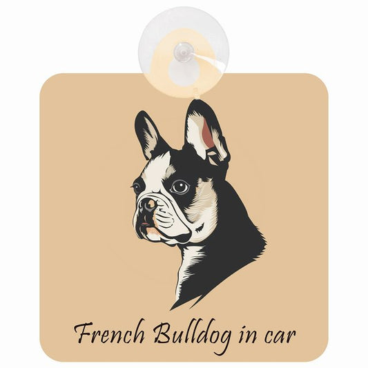 French Bulldog フレンチブルドッグ Aタイプ イラスト付 DOG IN CAR 車用吸盤付サイン 12.4x14.6cm