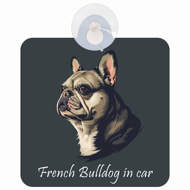 French Bulldog フレンチブルドッグ Bタイプ イラスト付 DOG IN CAR 車用吸盤付サイン 12.4x14.6cm