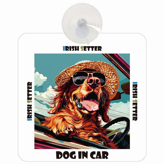 Irish Setter アイリッシュセター DOG IN CAR 海 麦わら帽子 サングラス 車用吸盤付サイン 12.4x14.6cm