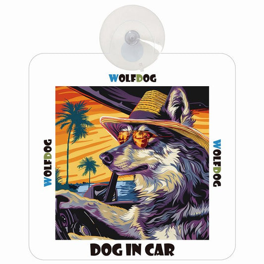 Wolfdog ウルフドッグ DOG IN CAR 海 麦わら帽子 サングラス 車用吸盤付サイン 12.4x14.6cm