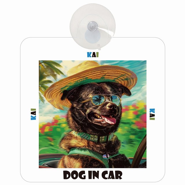 Kai 甲斐犬 DOG IN CAR 海 麦わら帽子 サングラス 車用吸盤付サイン 12.4x14.6cm