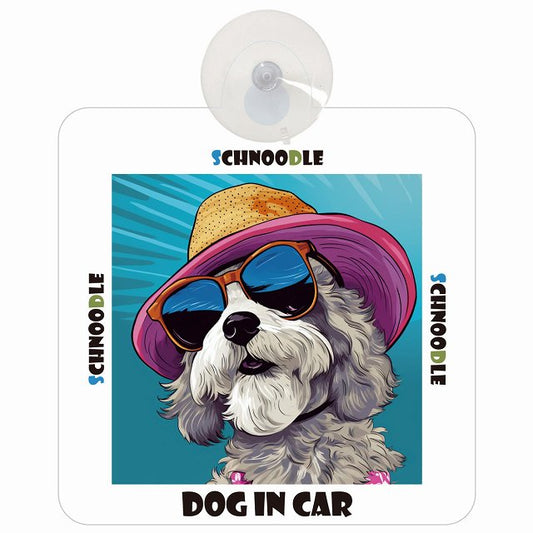 Schnoodle シュナプー DOG IN CAR 海 麦わら帽子 サングラス 車用吸盤付サイン 12.4x14.6cm