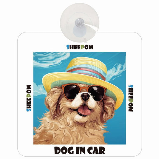 Sheepom シーポメ DOG IN CAR 海 麦わら帽子 サングラス 車用吸盤付サイン 12.4x14.6cm
