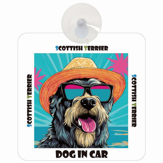 Scottish Terrier スコティッシュテリア DOG IN CAR 海 麦わら帽子 サングラス 車用吸盤付サイン 12.4x14.6cm