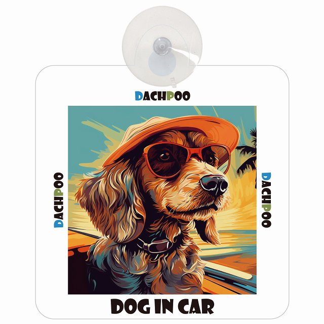 Dachpoo ダップー DOG IN CAR 海 麦わら帽子 サングラス 車用吸盤付サイン 12.4x14.6cm