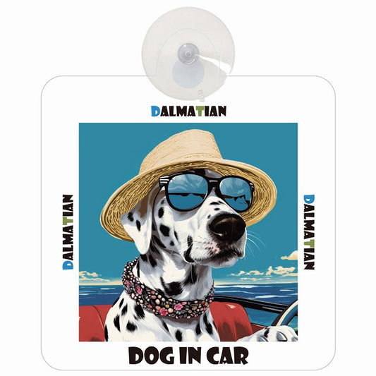 Dalmatian ダルメシアン DOG IN CAR 海 麦わら帽子 サングラス 車用吸盤付サイン 12.4x14.6cm