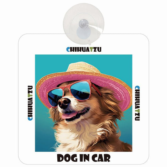 Chihuatzu チワズー DOG IN CAR 海 麦わら帽子 サングラス 車用吸盤付サイン 12.4x14.6cm