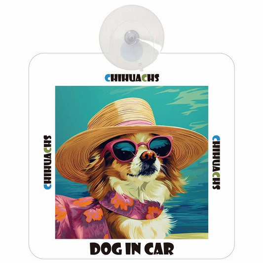 Chihuachs チワックス DOG IN CAR 海 麦わら帽子 サングラス 車用吸盤付サイン 12.4x14.6cm