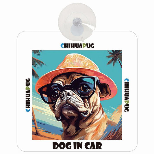Chihuapug チワパグ DOG IN CAR 海 麦わら帽子 サングラス 車用吸盤付サイン 12.4x14.6cm