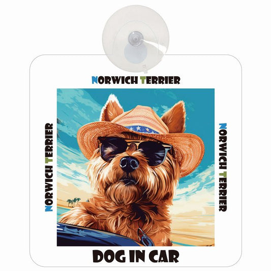 Norwich Terrier ノーリッチテリア DOG IN CAR 海 麦わら帽子 サングラス 車用吸盤付サイン 12.4x14.6cm