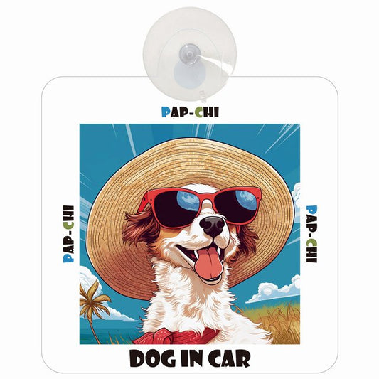 Pap-Chi パピチワ DOG IN CAR 海 麦わら帽子 サングラス 車用吸盤付サイン 12.4x14.6cm
