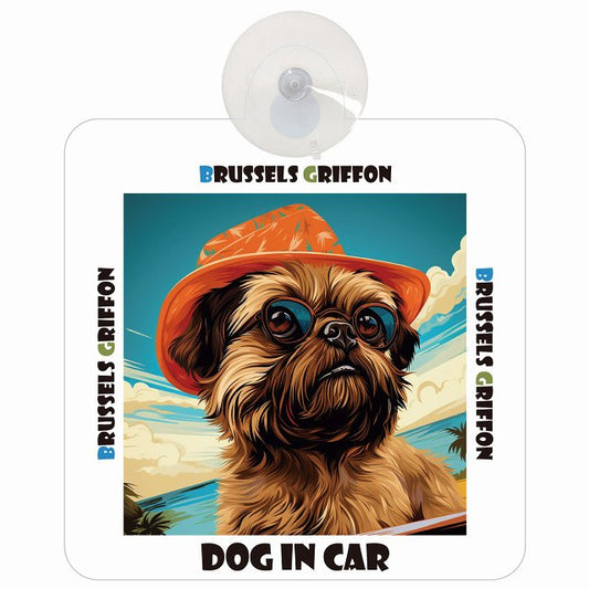 Brussels Griffon ブリュッセル・グリフォン DOG IN CAR 海 麦わら帽子 サングラス 車用吸盤付サイン 12.4x14.6cm