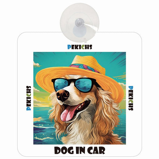Pekichs ペキックス DOG IN CAR 海 麦わら帽子 サングラス 車用吸盤付サイン 12.4x14.6cm