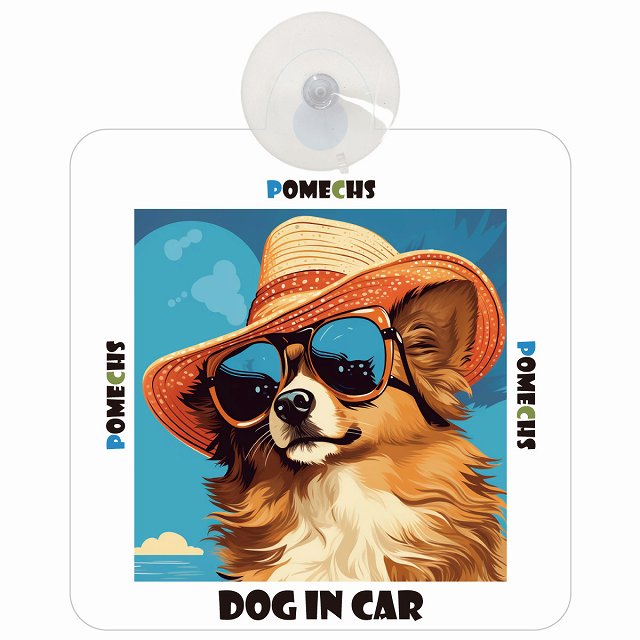 Pomechs ポメックス DOG IN CAR 海 麦わら帽子 サングラス 車用吸盤付サイン 12.4x14.6cm