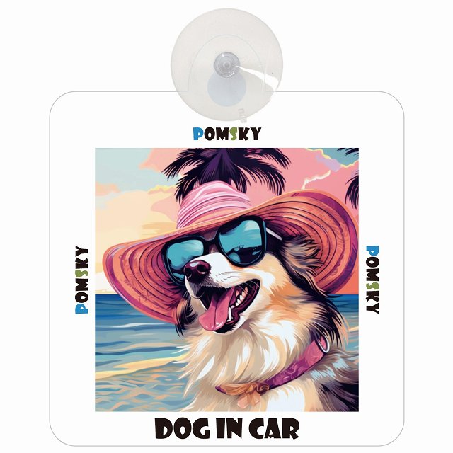 Pomsky ポンスキー DOG IN CAR 海 麦わら帽子 サングラス 車用吸盤付サイン 12.4x14.6cm