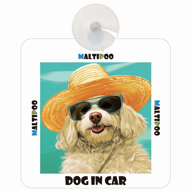 Maltipoo マルプー DOG IN CAR 海 麦わら帽子 サングラス 車用吸盤付サイン 12.4x14.6cm
