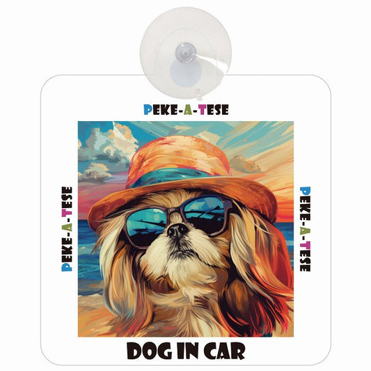 Peke-A-Tese マルペキ DOG IN CAR 海 麦わら帽子 サングラス 車用吸盤付サイン 12.4x14.6cm
