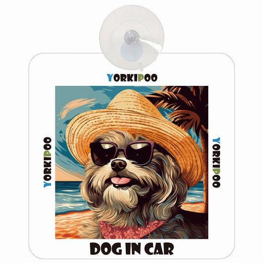 Yorkipoo ヨープー DOG IN CAR 海 麦わら帽子 サングラス 車用吸盤付サイン 12.4x14.6cm