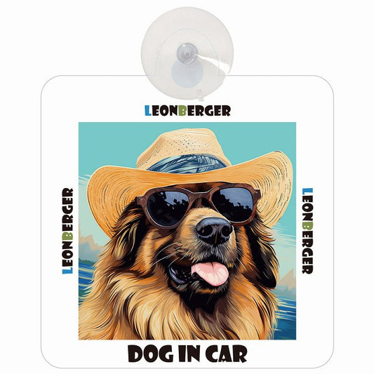 Leonberger レオンベルガー DOG IN CAR 海 麦わら帽子 サングラス 車用吸盤付サイン 12.4x14.6cm