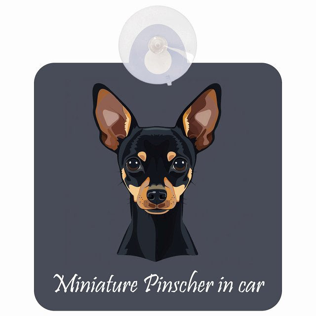 Miniature Pinscher ミニチュアピンシャー Bタイプ イラスト付 DOG IN CAR 車用吸盤付サイン 12.4x14.6cm