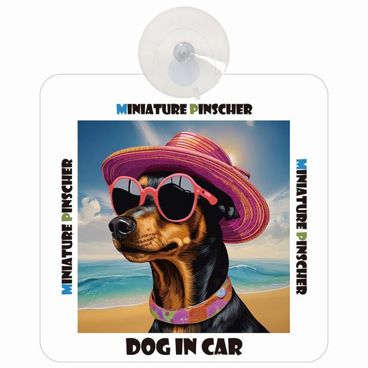 Miniature Pinscher ミニチュアピンシャー DOG IN CAR 海 麦わら帽子 サングラス 車用吸盤付サイン 12.4x14.6cm