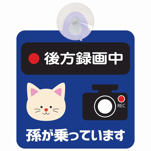 孫が乗っています 後方録画中 ねこ ネイビー 車用吸盤付サイン 12.4x14.6cm 表示プレート