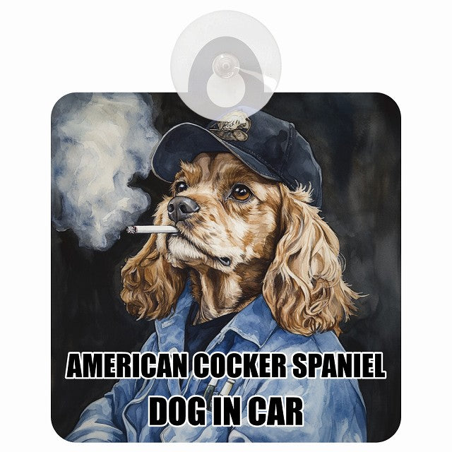 AMERICAN COCKER SPANIEL アメリカンコッカースパニエル DOG IN CAR 作業服 ちょい悪 車用吸盤付サイン 12.4x14.6cm